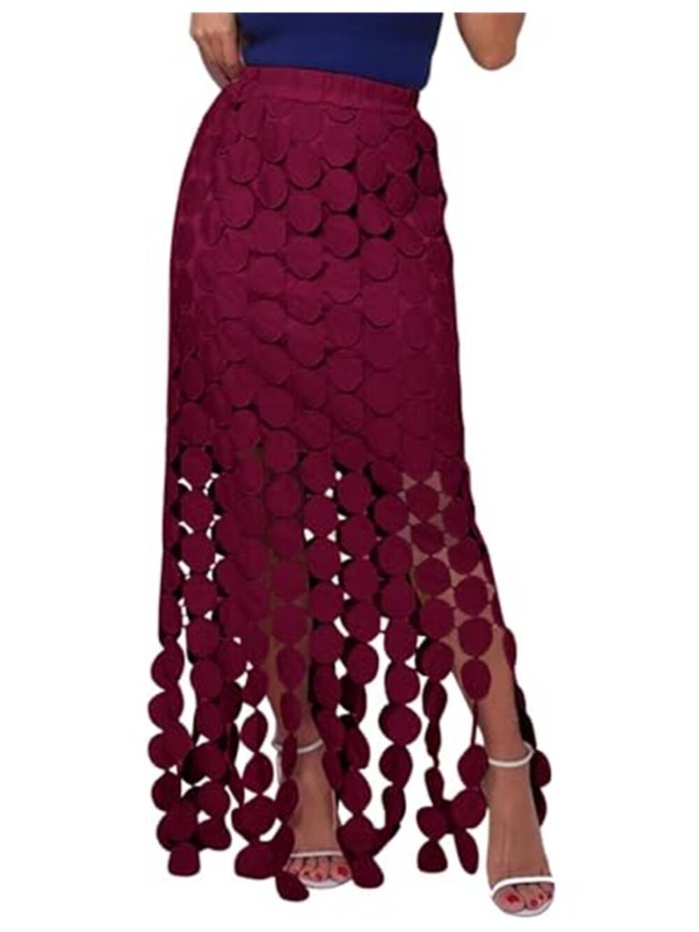 Boho Fringe Maxi Skirt  High Waist Hollow Out Crochet Burgundy Long Skirt